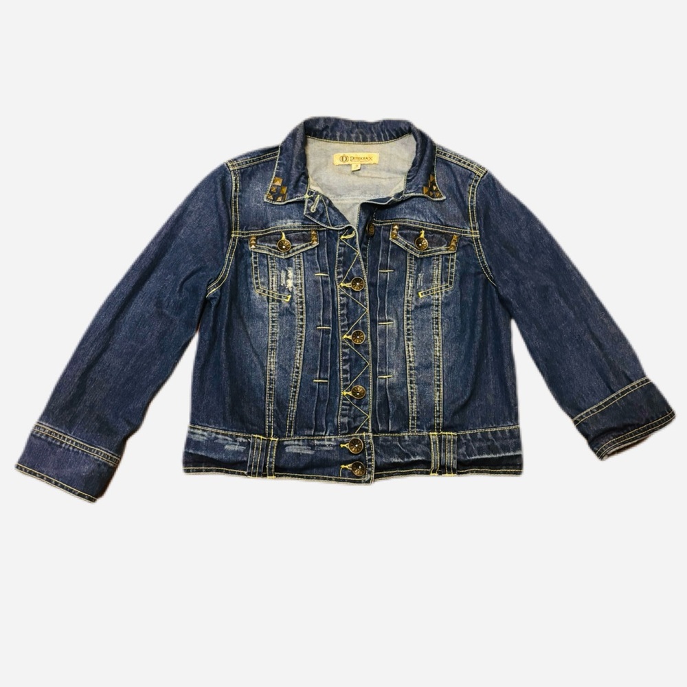 Democracy Distressed Denim Jacket with Yellow Stitching and Bronze hardware EUC - Picture 8 of 11